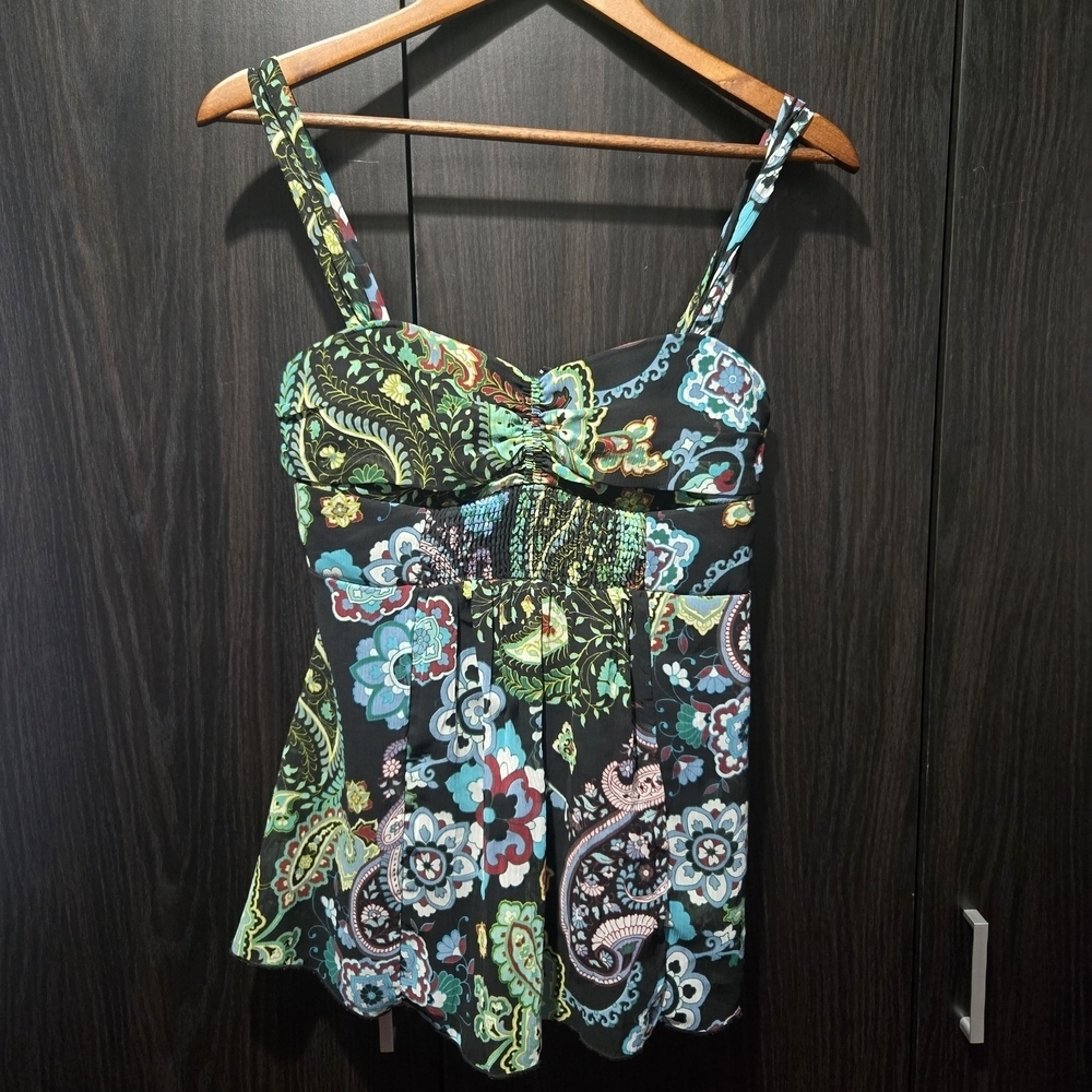 Charlotte Russe Black Green Blue Paisley Babydoll Shirt Y2K Padded Size M - Picture 2 of 6